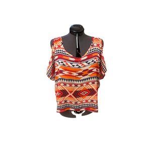 One Clothing Women Orange Geometric Tribal Print Cold Shoulder Chiffon Top XS